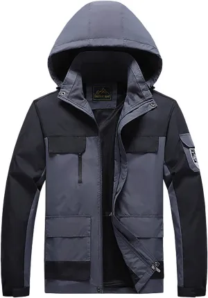 Men's Hooded Windproof Jackets Fall Winter Warm Mountain Windbreaker Soft Shell Hiking Rain Coats Multi Pockets
