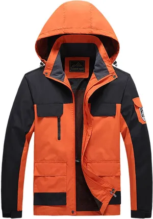 Men's Hooded Windproof Jackets Fall Winter Warm Mountain Windbreaker Soft Shell Hiking Rain Coats Multi Pockets