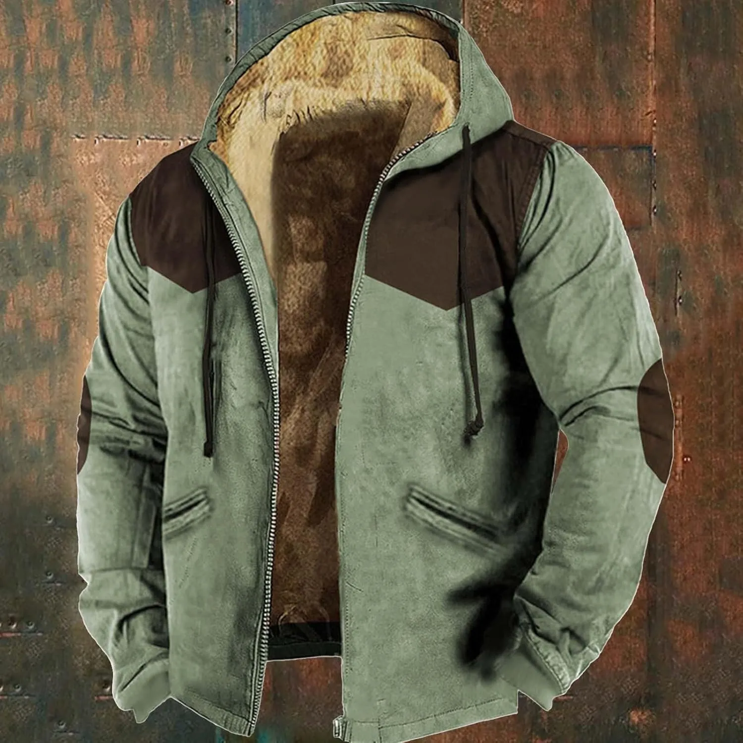 Mens Long Sleeve Zipper Fleece Jackets Winter Thick Warm Windbreak Plush Coats Fashion Patchwork Utility Cargo Jacket