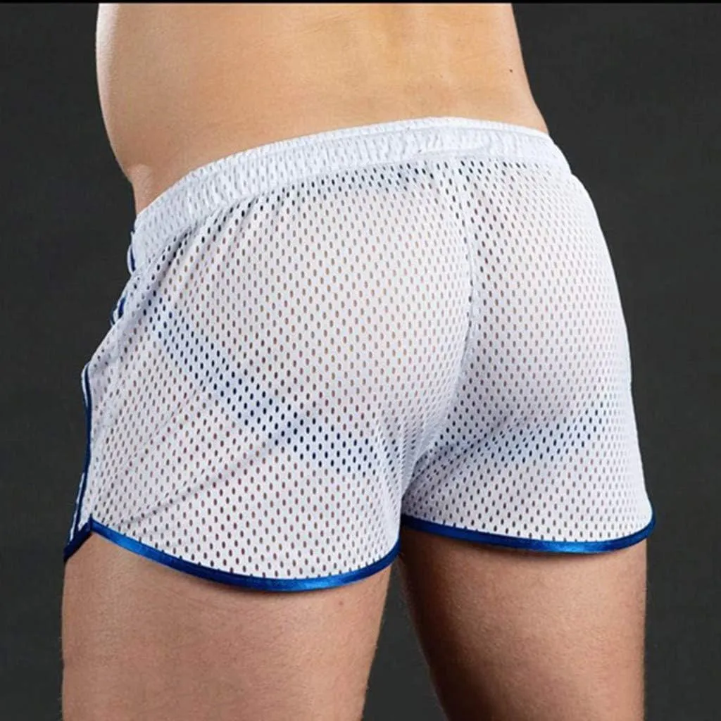 Men's Mesh Quick-Drying Booty Shorts, Sexy Side Split Drawstring Elastic Waist Workout Running Breathable Swim Trunks