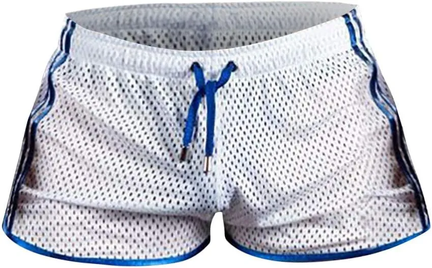 Men's Mesh Quick-Drying Booty Shorts, Sexy Side Split Drawstring Elastic Waist Workout Running Breathable Swim Trunks