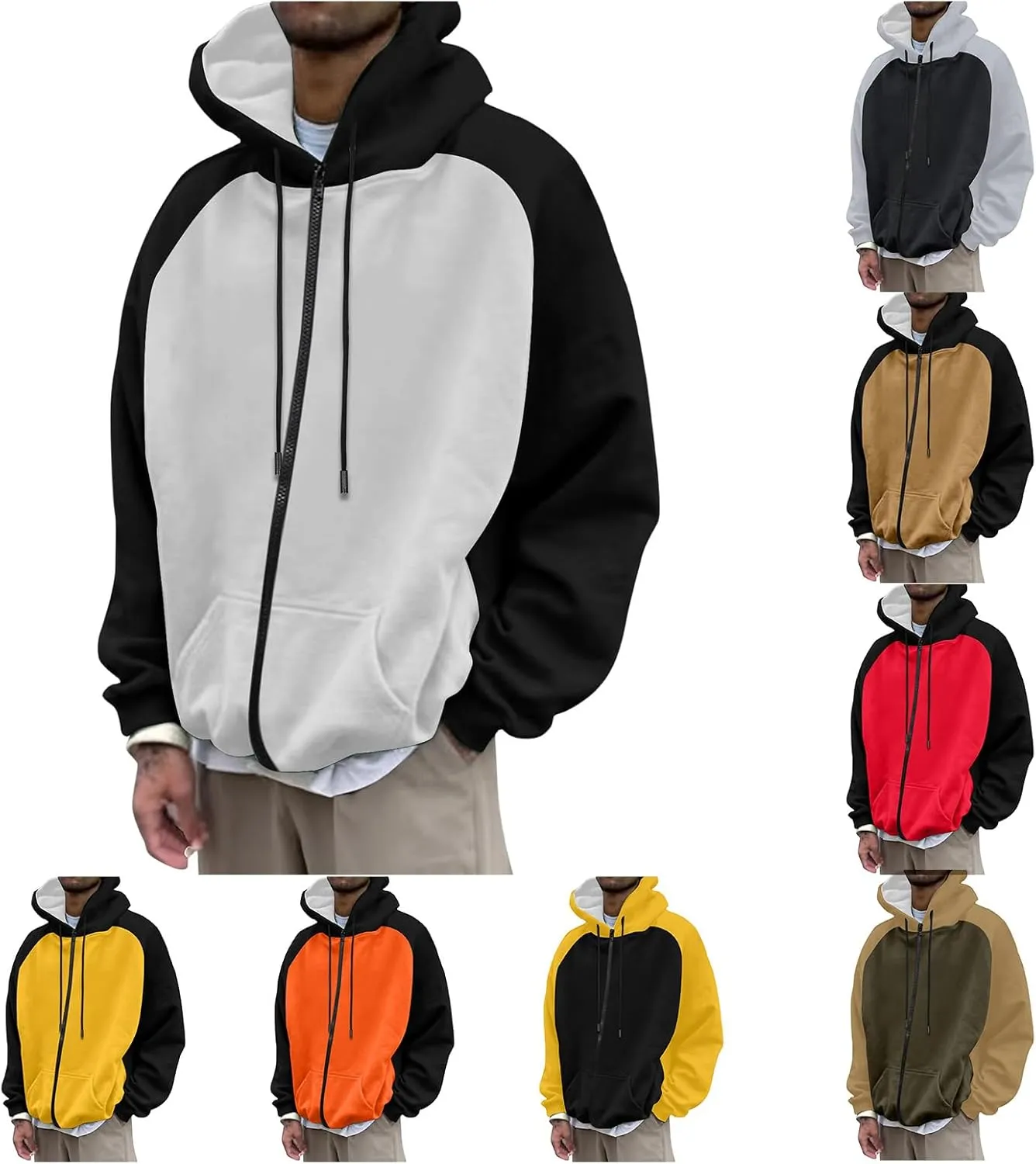Men's Novelty Color Block Pullover Hoodie Casual Hooded Sweatshirts Full Zip Jacket with Kangaroo Pocket for Men