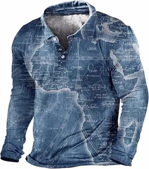 Mens Polo Shirts Casual Long Sleeve Collared World Map Pattern Print T-Shirt Workout Slim Fit Basic Designed Cotton Golf Tops