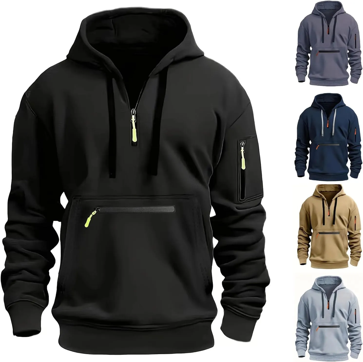 Men's Pullover Sweatshirts Hoodie Waterproof Zipper Sports Casual Sweater with Pocket Autumn Winter