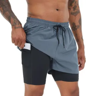 Men's Running Shorts 2 in 1 Workout Gym Athletic Shorts with Liner Quick Dry Basketball Yoga Training Shorts with Pockets