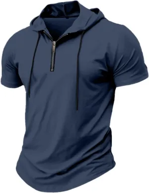 Mens Short Sleeve Shirts Workout Performance Quarter Zip Pullover Hoodies Casual Quick Dry Gym Athletic Hooded Shirts