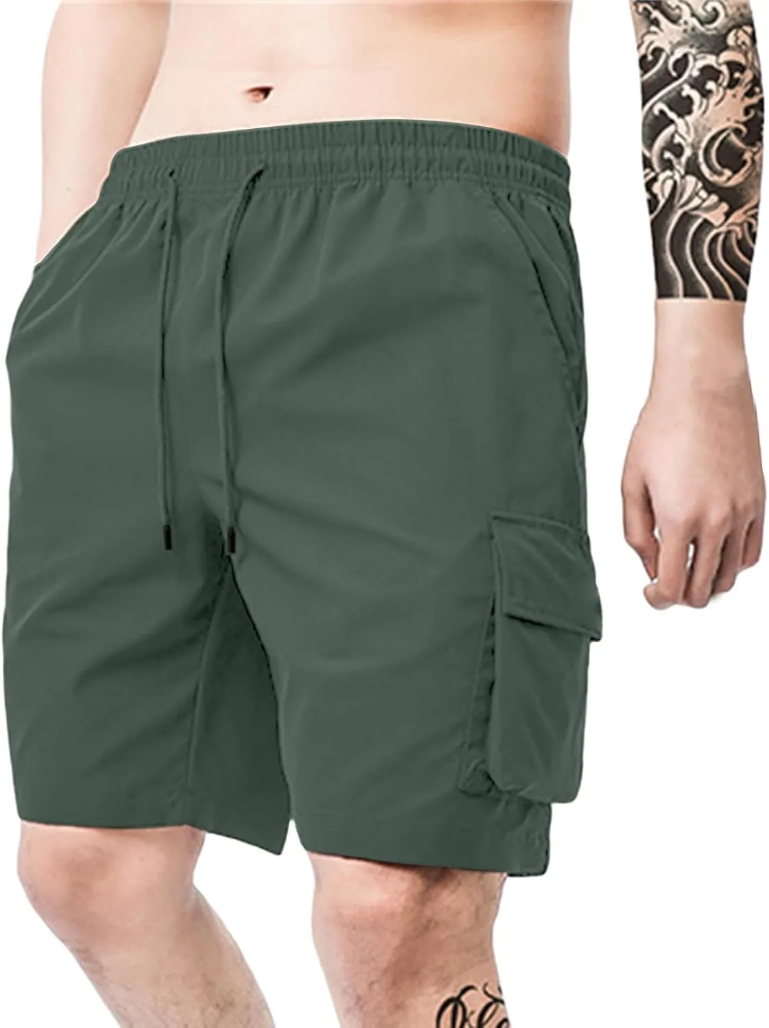 Men's Tactical Cargo Shorts Drawstring Breathable Jogging Shorts Straight Leg Baggy Pants with Multiple Pockets
