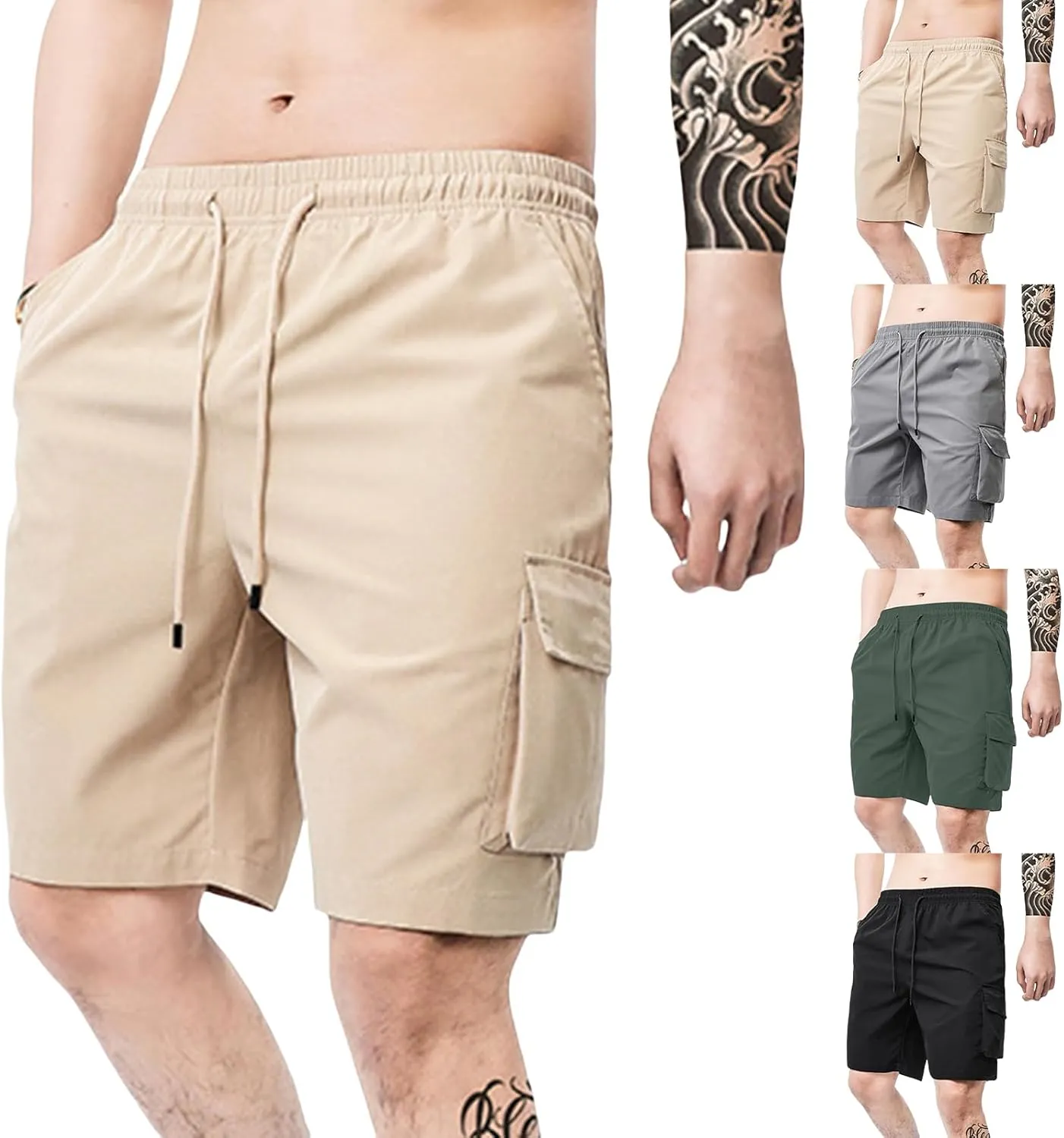 Men's Tactical Cargo Shorts Drawstring Breathable Jogging Shorts Straight Leg Baggy Pants with Multiple Pockets