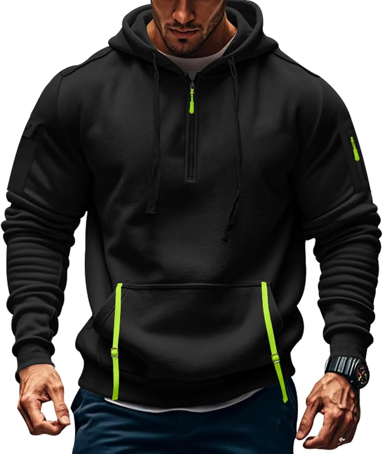Men's Tactical Hoodies Oversized 1/4 Zip Pullover Sweatshirts with Zipper Arm Pocket Big and Tall Outfits 5XL