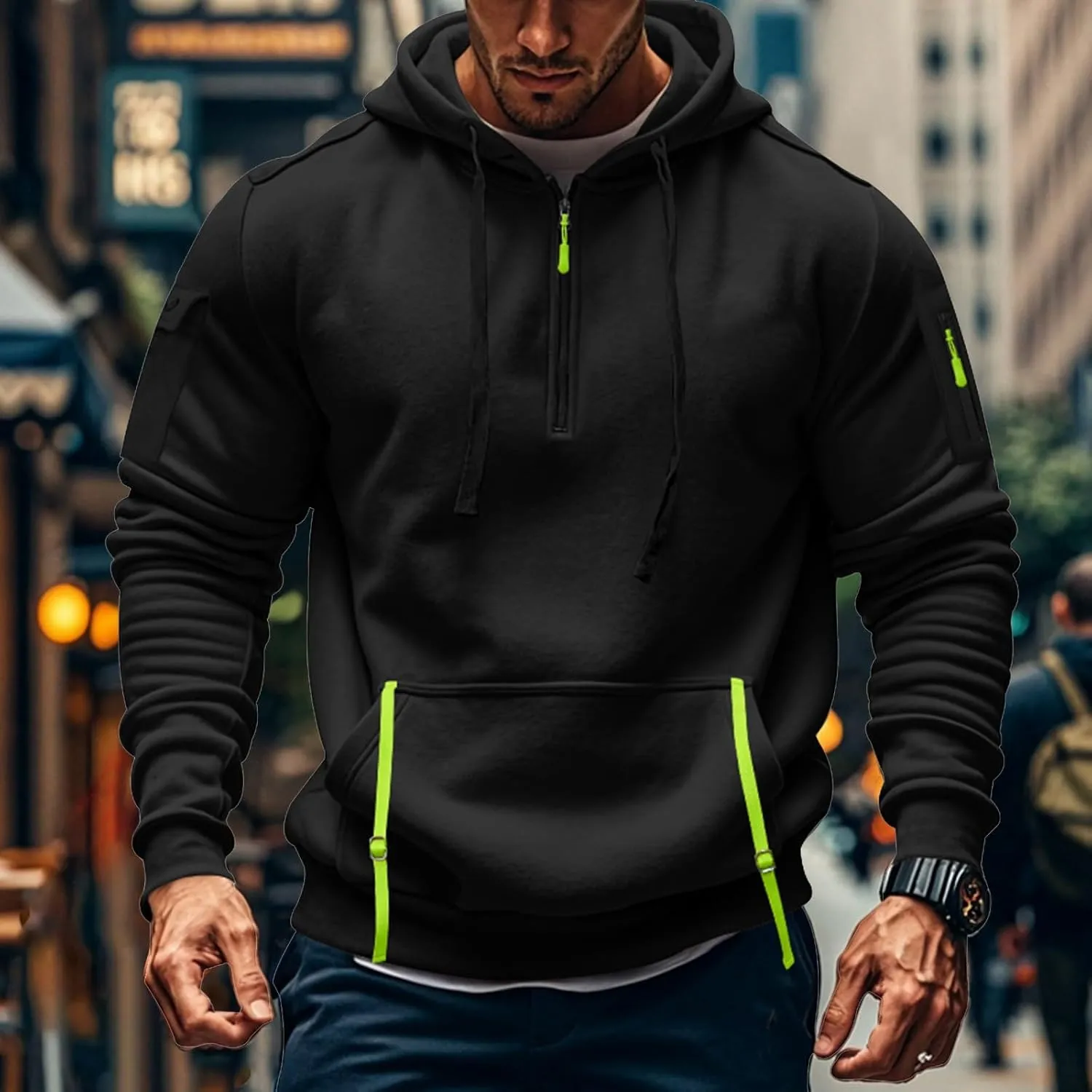 Men's Tactical Hoodies Oversized 1/4 Zip Pullover Sweatshirts with Zipper Arm Pocket Big and Tall Outfits 5XL