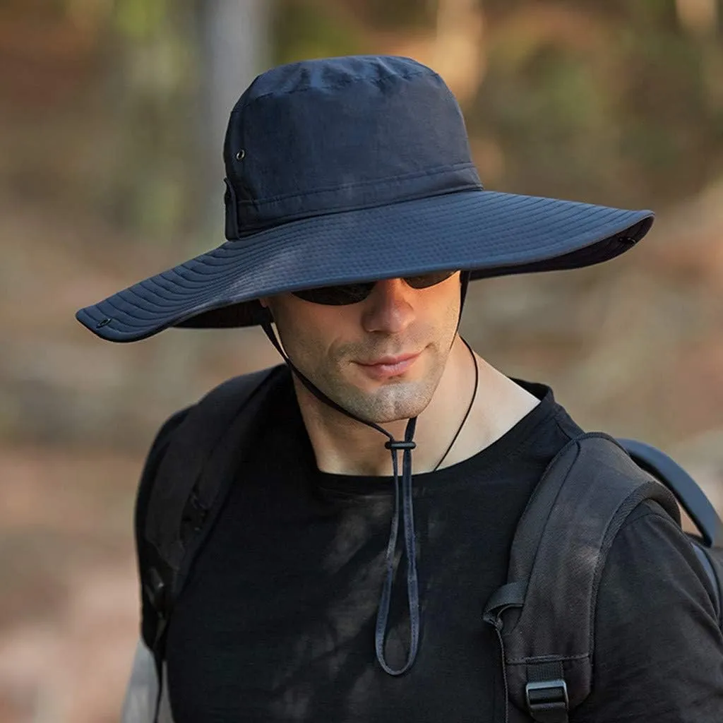 Mens Wide Brim Bucket Hats Foldable Cotton Fisherman Cap with String Solid Colors Summer Travel Sun Hats