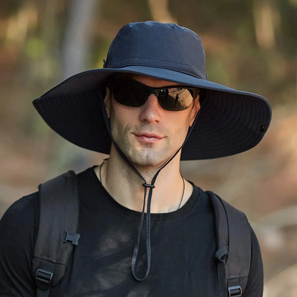 Mens Wide Brim Bucket Hats Foldable Cotton Fisherman Cap with String Solid Colors Summer Travel Sun Hats