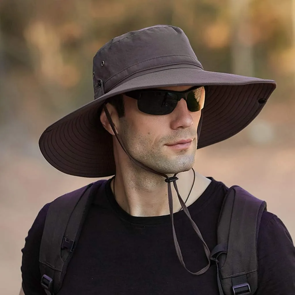 Mens Wide Brim Bucket Hats Foldable Cotton Fisherman Cap with String Solid Colors Summer Travel Sun Hats