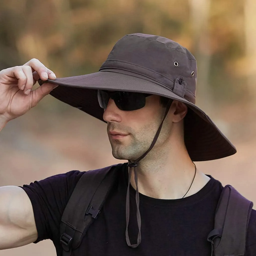 Mens Wide Brim Bucket Hats Foldable Cotton Fisherman Cap with String Solid Colors Summer Travel Sun Hats