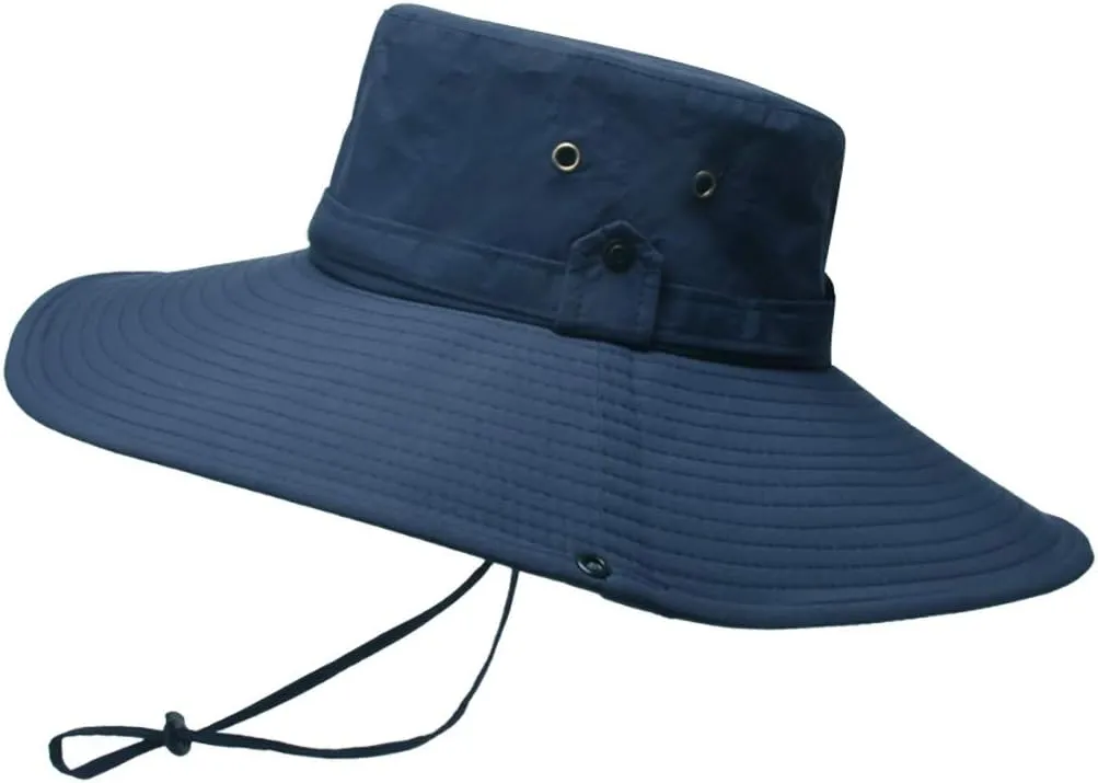 Mens Wide Brim Bucket Hats Foldable Cotton Fisherman Cap with String Solid Colors Summer Travel Sun Hats