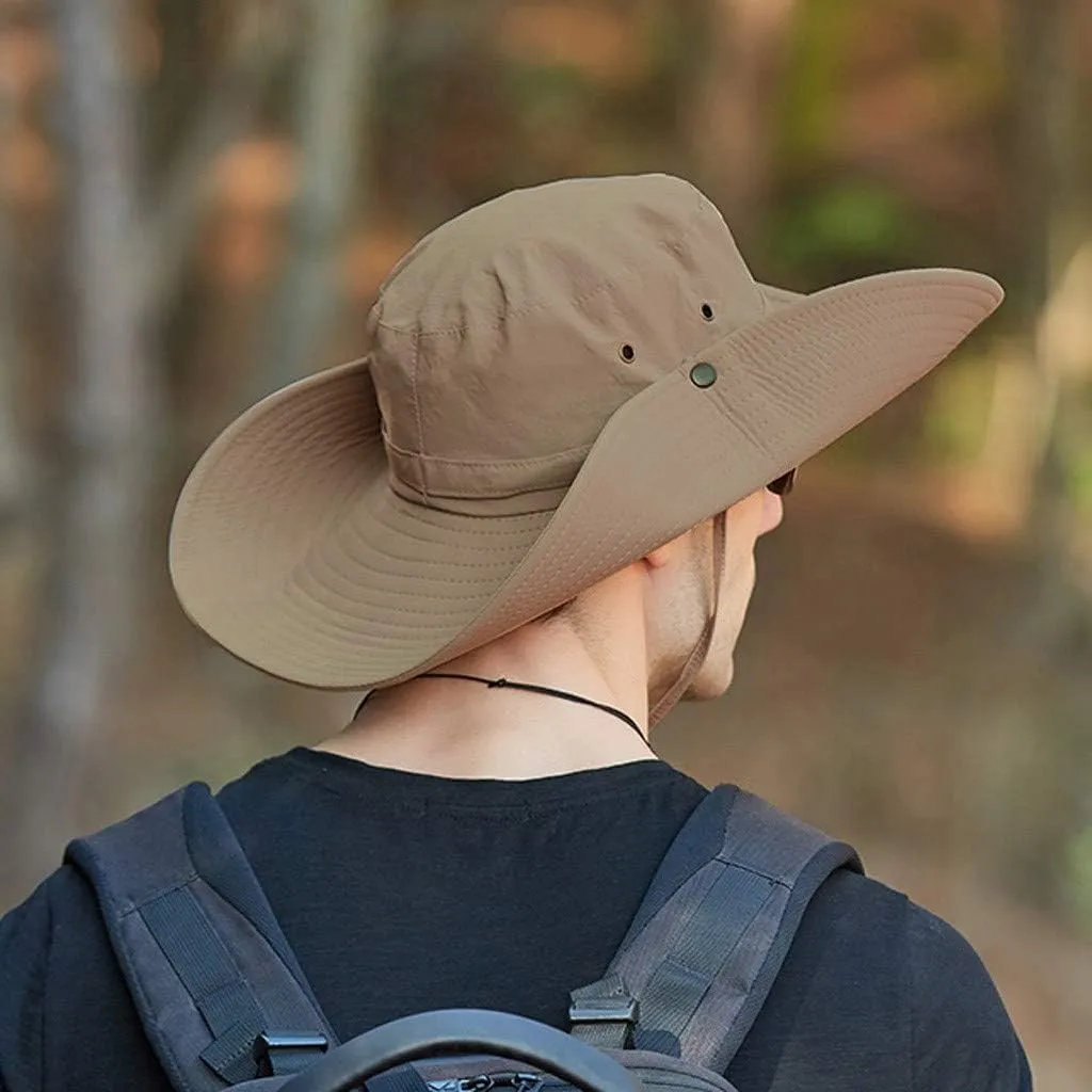 Mens Wide Brim Bucket Hats Foldable Cotton Fisherman Cap with String Solid Colors Summer Travel Sun Hats