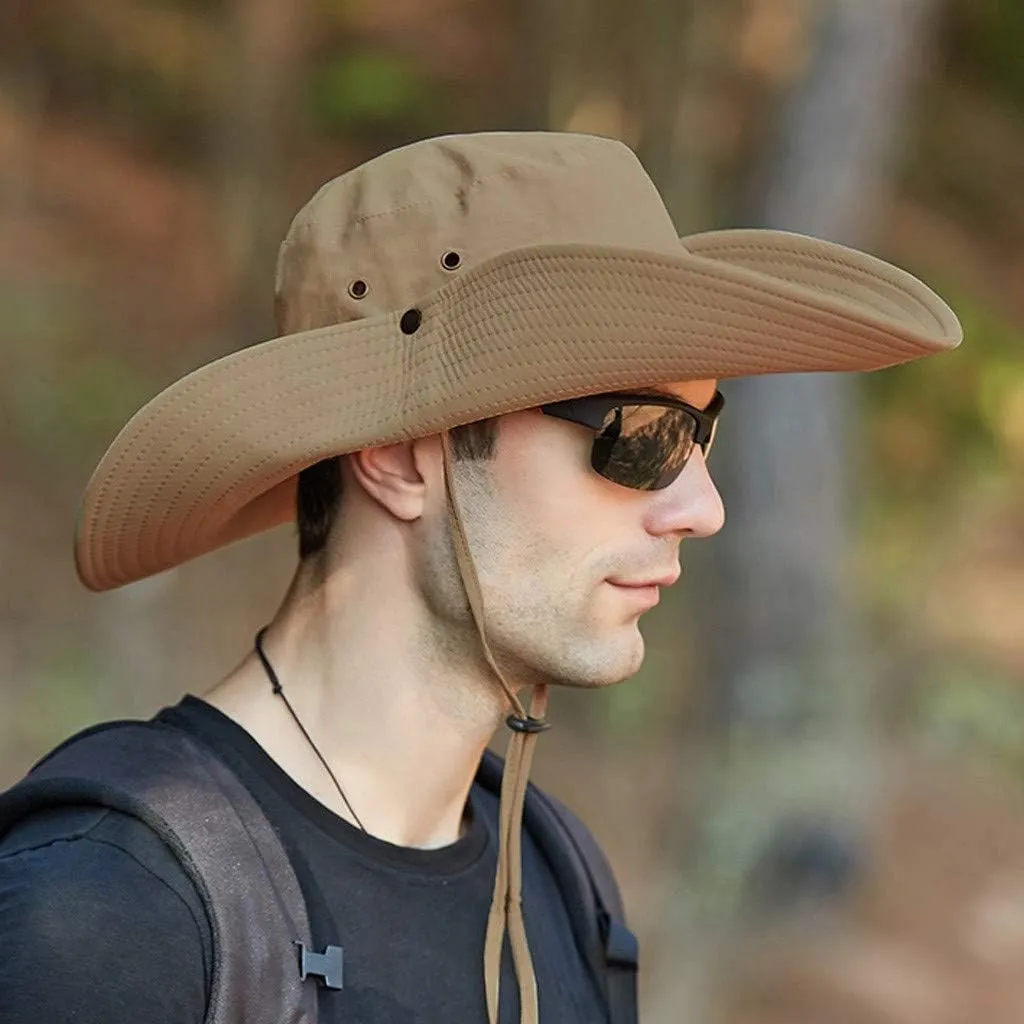 Mens Wide Brim Bucket Hats Foldable Cotton Fisherman Cap with String Solid Colors Summer Travel Sun Hats