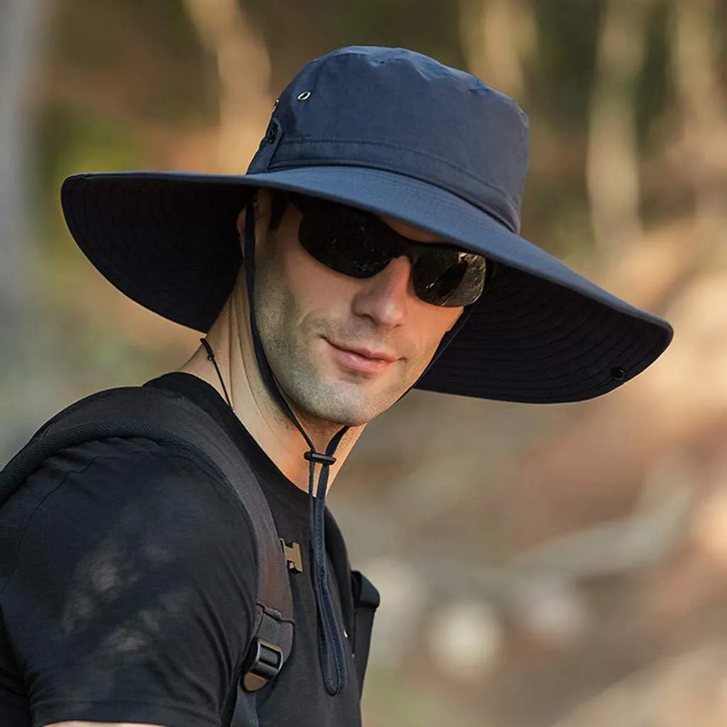 Mens Wide Brim Bucket Hats Foldable Cotton Fisherman Cap with String Solid Colors Summer Travel Sun Hats