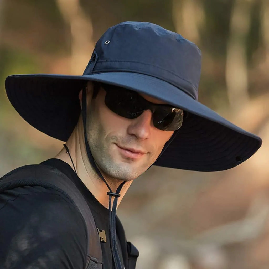 Mens Wide Brim Bucket Hats Foldable Cotton Fisherman Cap with String Solid Colors Summer Travel Sun Hats