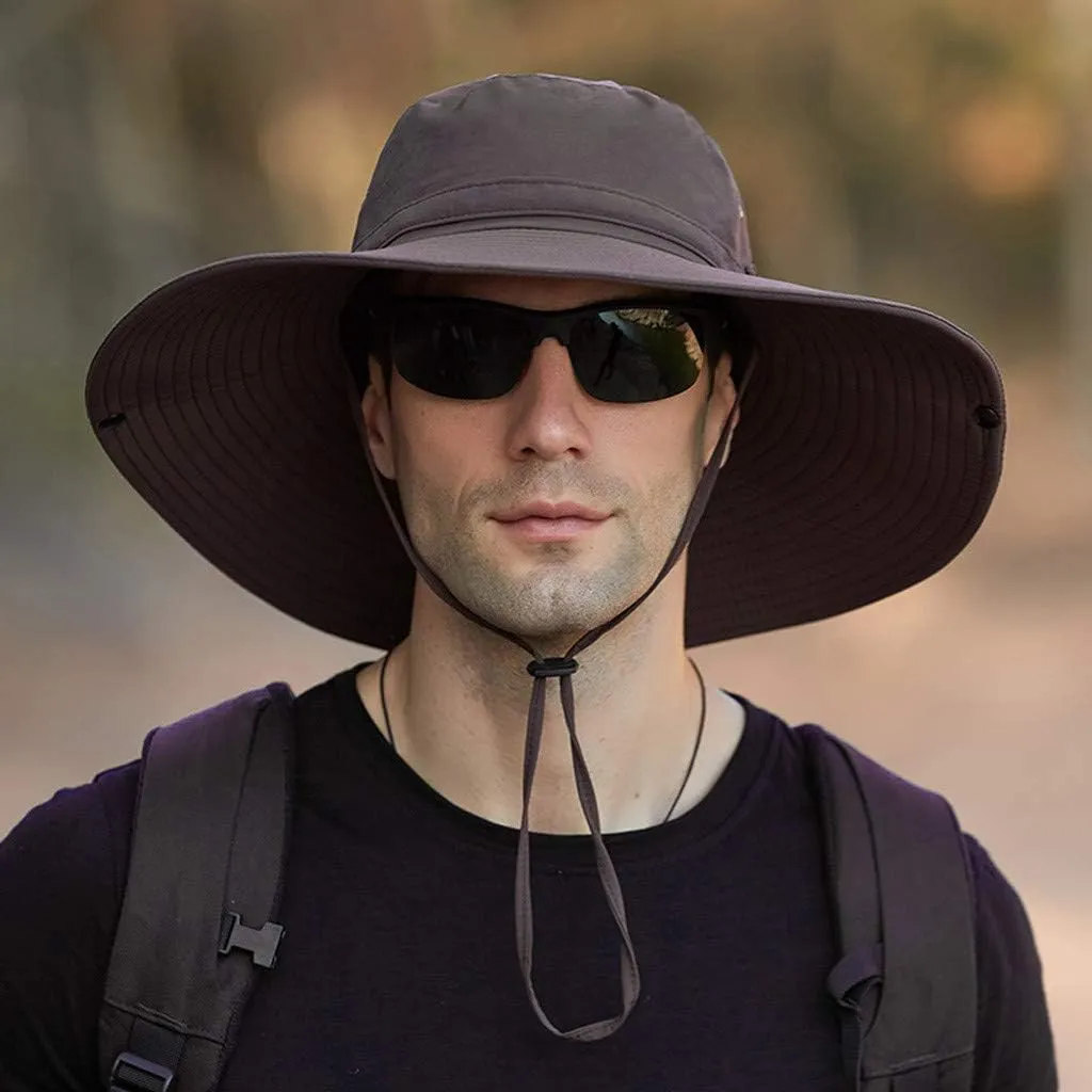 Mens Wide Brim Bucket Hats Foldable Cotton Fisherman Cap with String Solid Colors Summer Travel Sun Hats