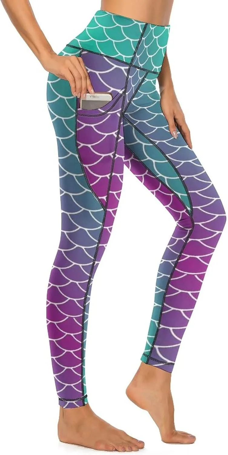 Mermaid Scales Womens High Waisted Yoga Pants with Pockets Stretch Soft Workout Leggings Athletic Pants