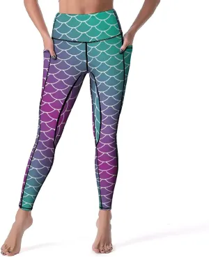 Mermaid Scales Womens High Waisted Yoga Pants with Pockets Stretch Soft Workout Leggings Athletic Pants