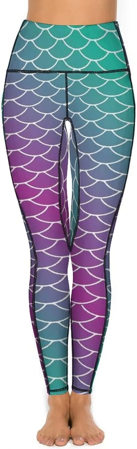 Mermaid Scales Womens High Waisted Yoga Pants with Pockets Stretch Soft Workout Leggings Athletic Pants