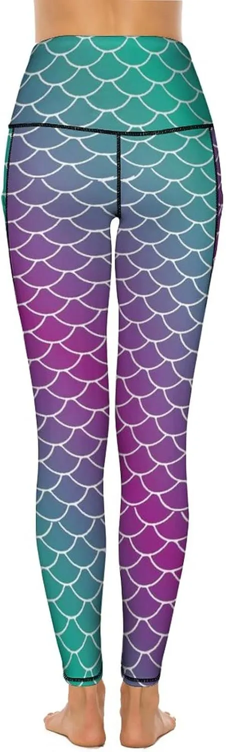 Mermaid Scales Womens High Waisted Yoga Pants with Pockets Stretch Soft Workout Leggings Athletic Pants