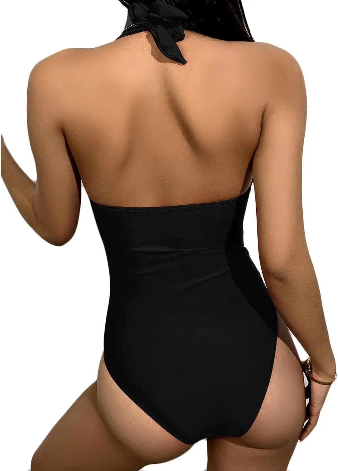 One Piece Swimsuit for Women Backless Tummy Control Pleated Bathing Suit Sexy Low Cut Halter Monokini Swimwear