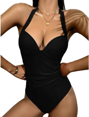 One Piece Swimsuit for Women Backless Tummy Control Pleated Bathing Suit Sexy Low Cut Halter Monokini Swimwear