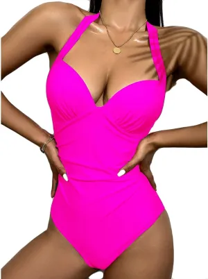 One Piece Swimsuit for Women Backless Tummy Control Pleated Bathing Suit Sexy Low Cut Halter Monokini Swimwear