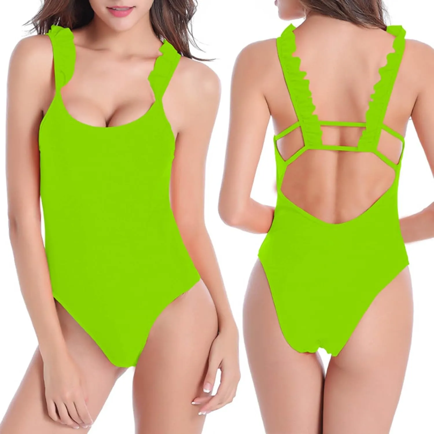 One Piece Swimsuit for Women Ruffle Strap Backless Bathing Suit Solid Bikini Beach Seamless Swimwear Sexy Clothes