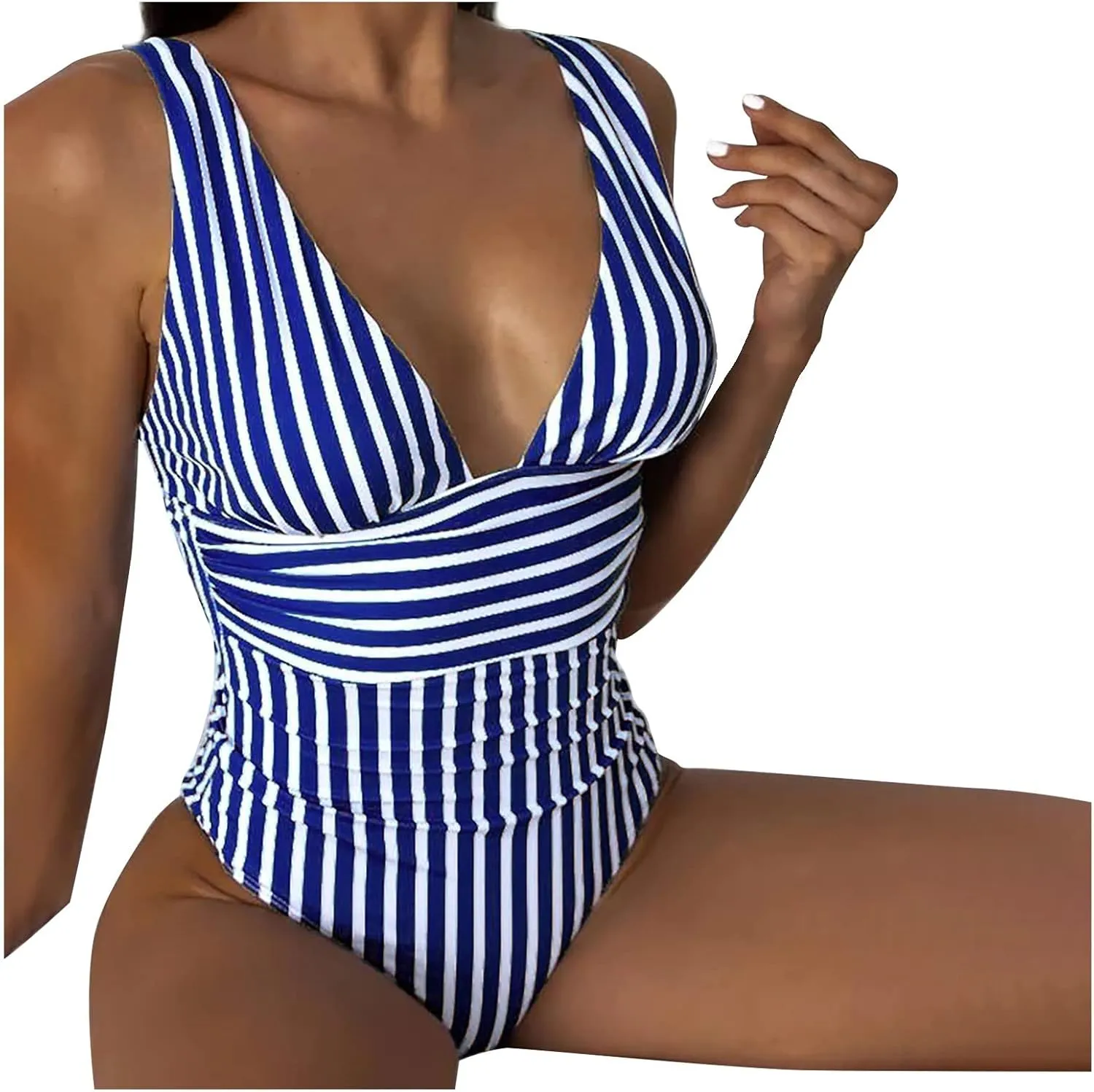 One Piece Swimsuit Women Modest Tummy Control Sexy Deep V Neck Bathing Suit Trendy Striped Vintage Swimwear