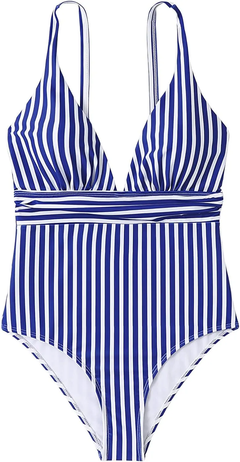 One Piece Swimsuit Women Modest Tummy Control Sexy Deep V Neck Bathing Suit Trendy Striped Vintage Swimwear