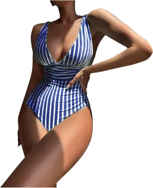One Piece Swimsuit Women Modest Tummy Control Sexy Deep V Neck Bathing Suit Trendy Striped Vintage Swimwear