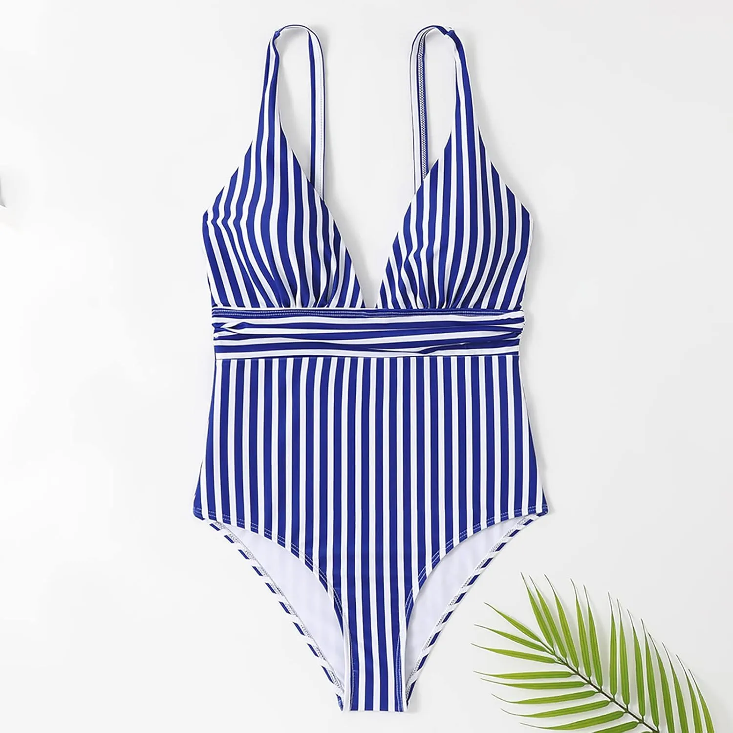 One Piece Swimsuit Women Modest Tummy Control Sexy Deep V Neck Bathing Suit Trendy Striped Vintage Swimwear