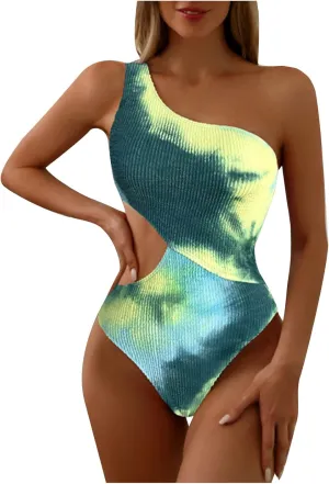 One Shoulder One Piece Swimsuit for Women Tummy Control Modest Full Coverage Keyhole Swimwear High Cut Bathing Suits