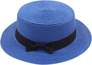 Panama Sun Hats for Women Wide Brim Straw Boater Hat Foldable Packable Flat Top Ribbon Fedora Beach Hat for Summer