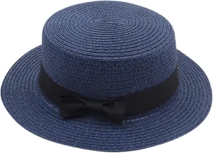 Panama Sun Hats for Women Wide Brim Straw Boater Hat Foldable Packable Flat Top Ribbon Fedora Beach Hat for Summer