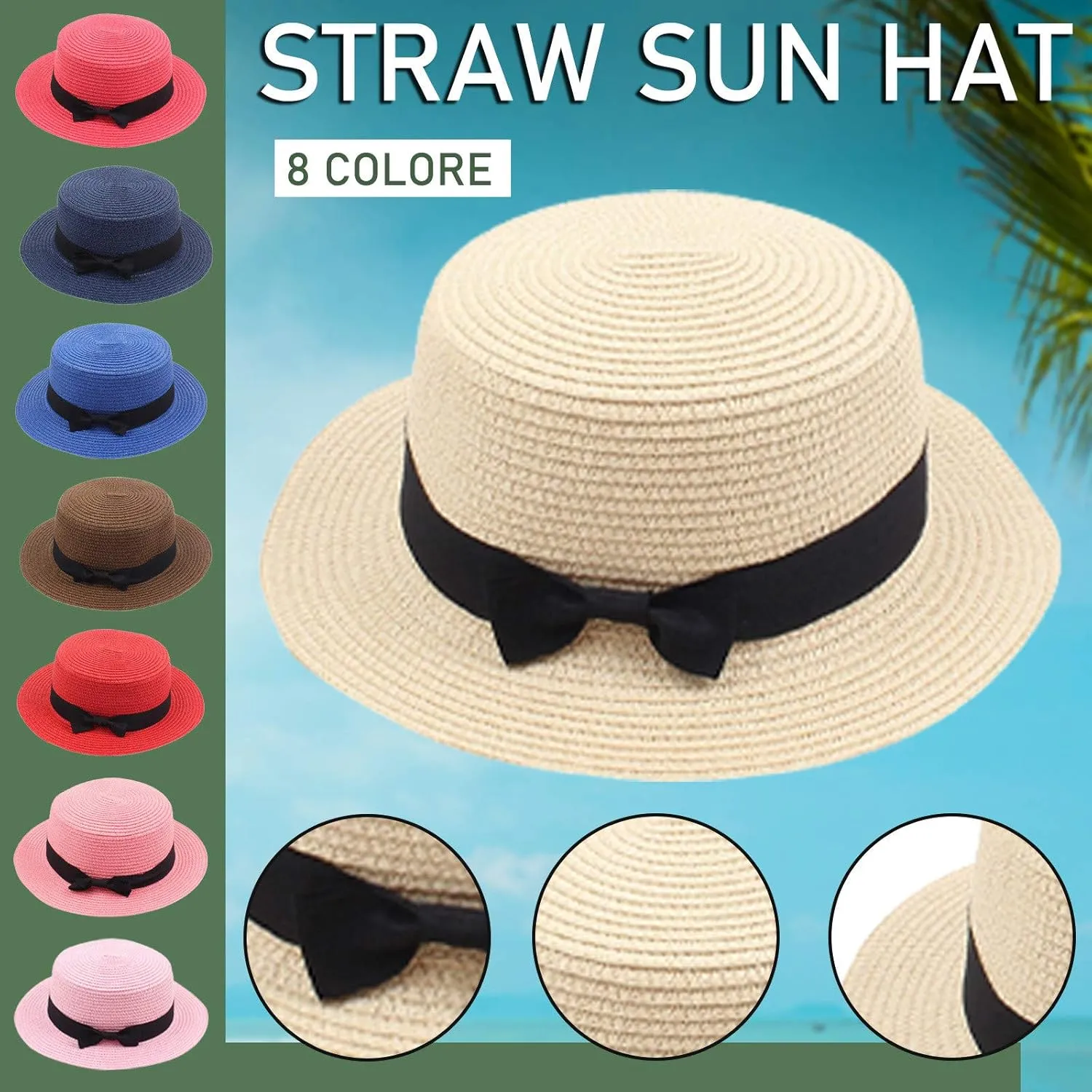 Panama Sun Hats for Women Wide Brim Straw Boater Hat Foldable Packable Flat Top Ribbon Fedora Beach Hat for Summer