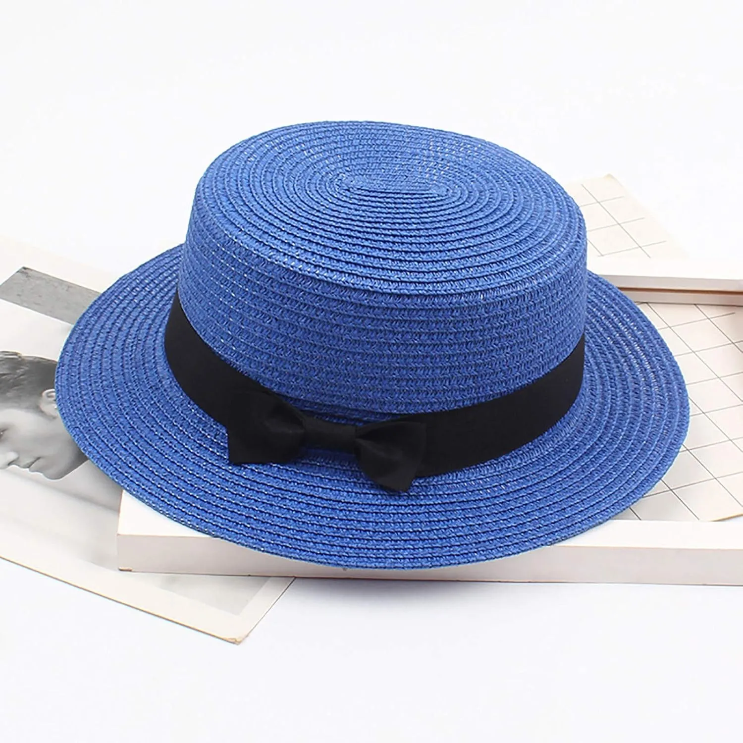 Panama Sun Hats for Women Wide Brim Straw Boater Hat Foldable Packable Flat Top Ribbon Fedora Beach Hat for Summer