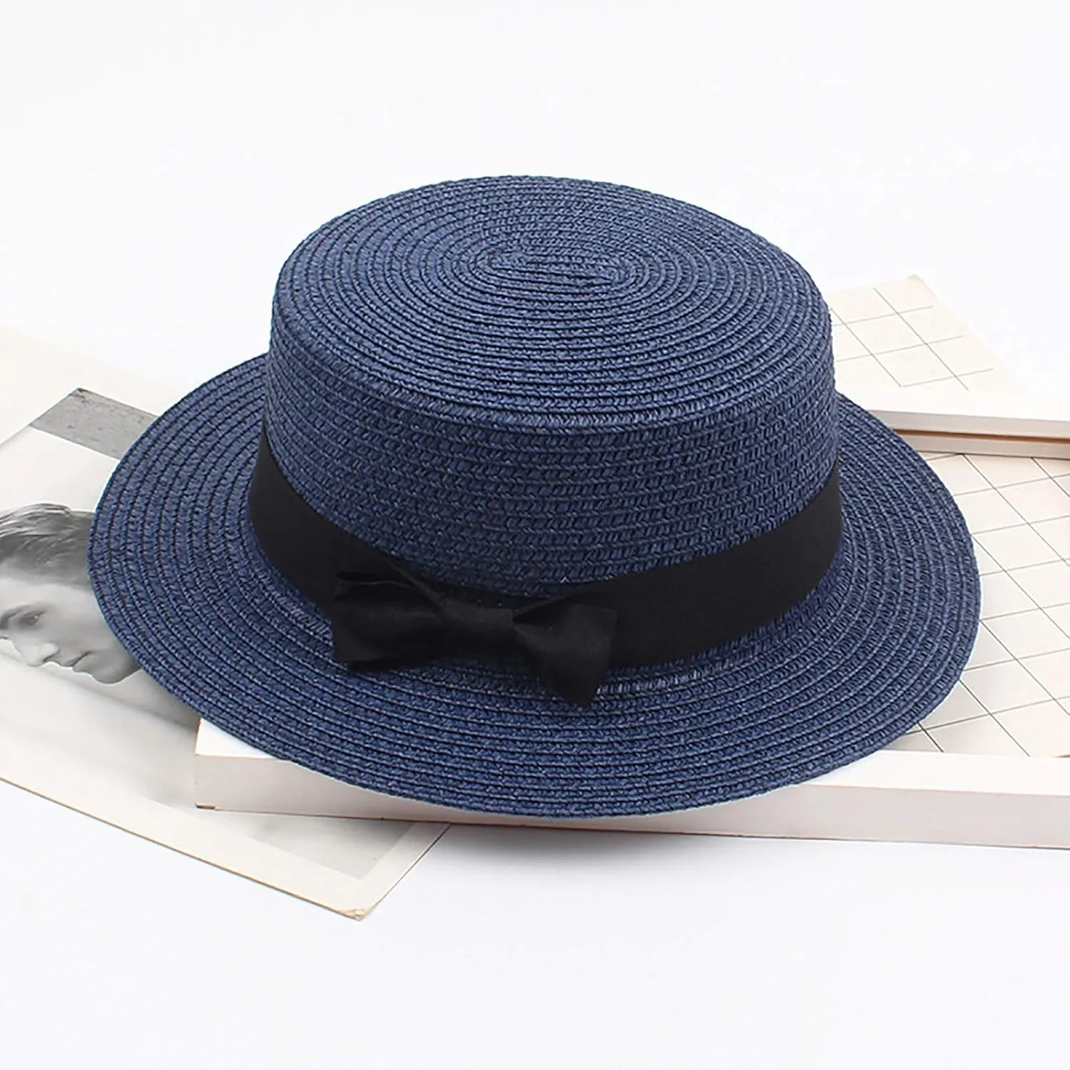 Panama Sun Hats for Women Wide Brim Straw Boater Hat Foldable Packable Flat Top Ribbon Fedora Beach Hat for Summer