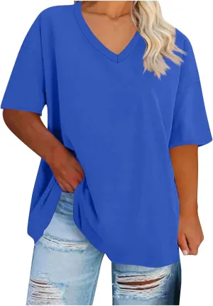 Plus Size Oversized T Shirts Women Fahsion V Neck Short Sleeve Drop Shoulder Tshirt Casual Summer Tunic Tops