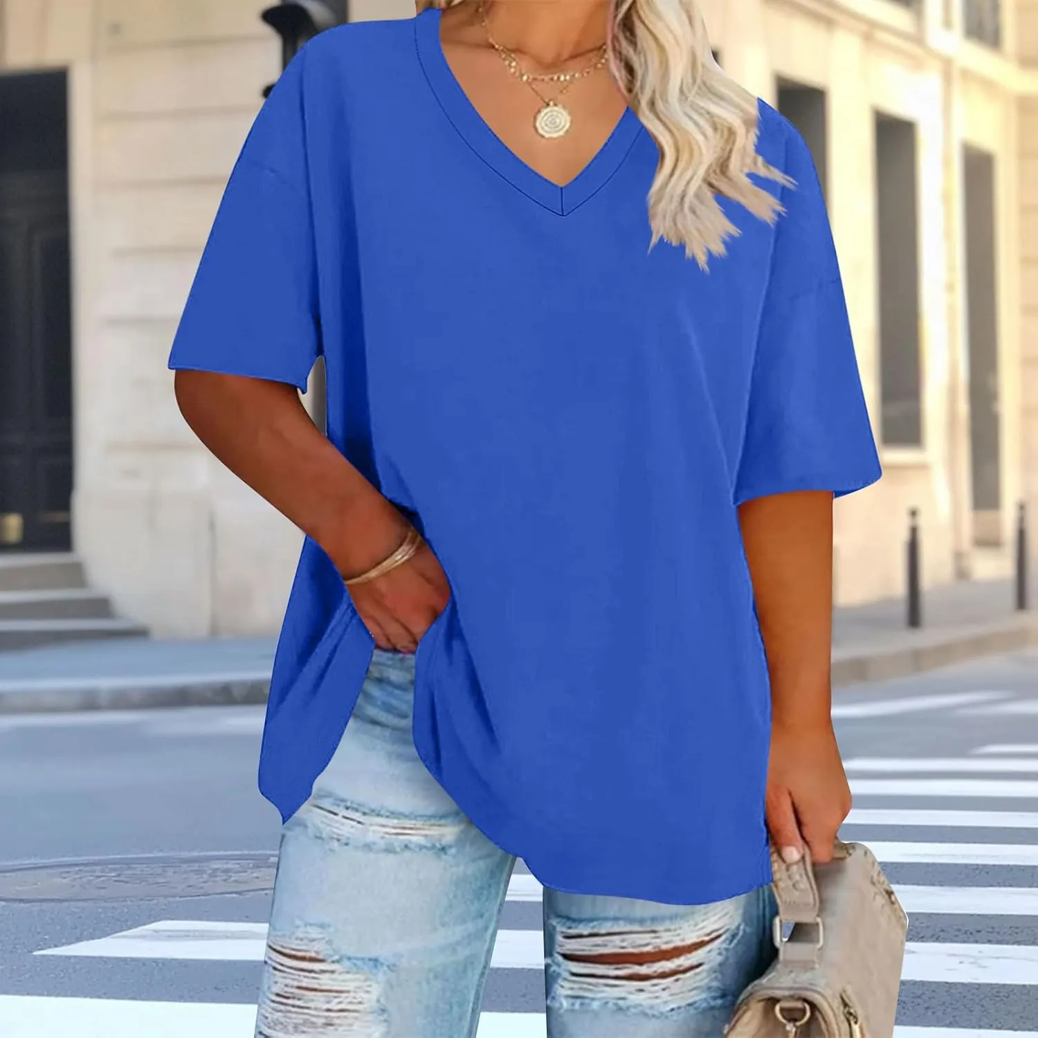 Plus Size Oversized T Shirts Women Fahsion V Neck Short Sleeve Drop Shoulder Tshirt Casual Summer Tunic Tops