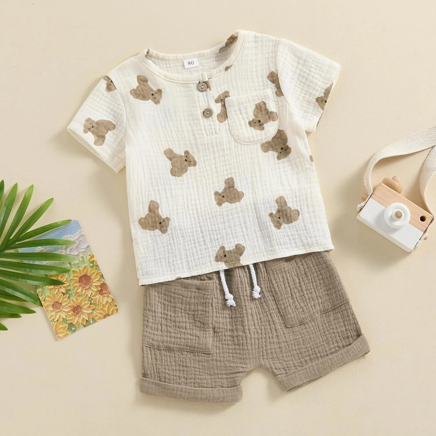 Qiylii Toddler Baby Boys Summer Outfits Bear Print Short Sleeve T-Shirt Top and Pocket Shorts Set 2PC Cotton Linen Clothes