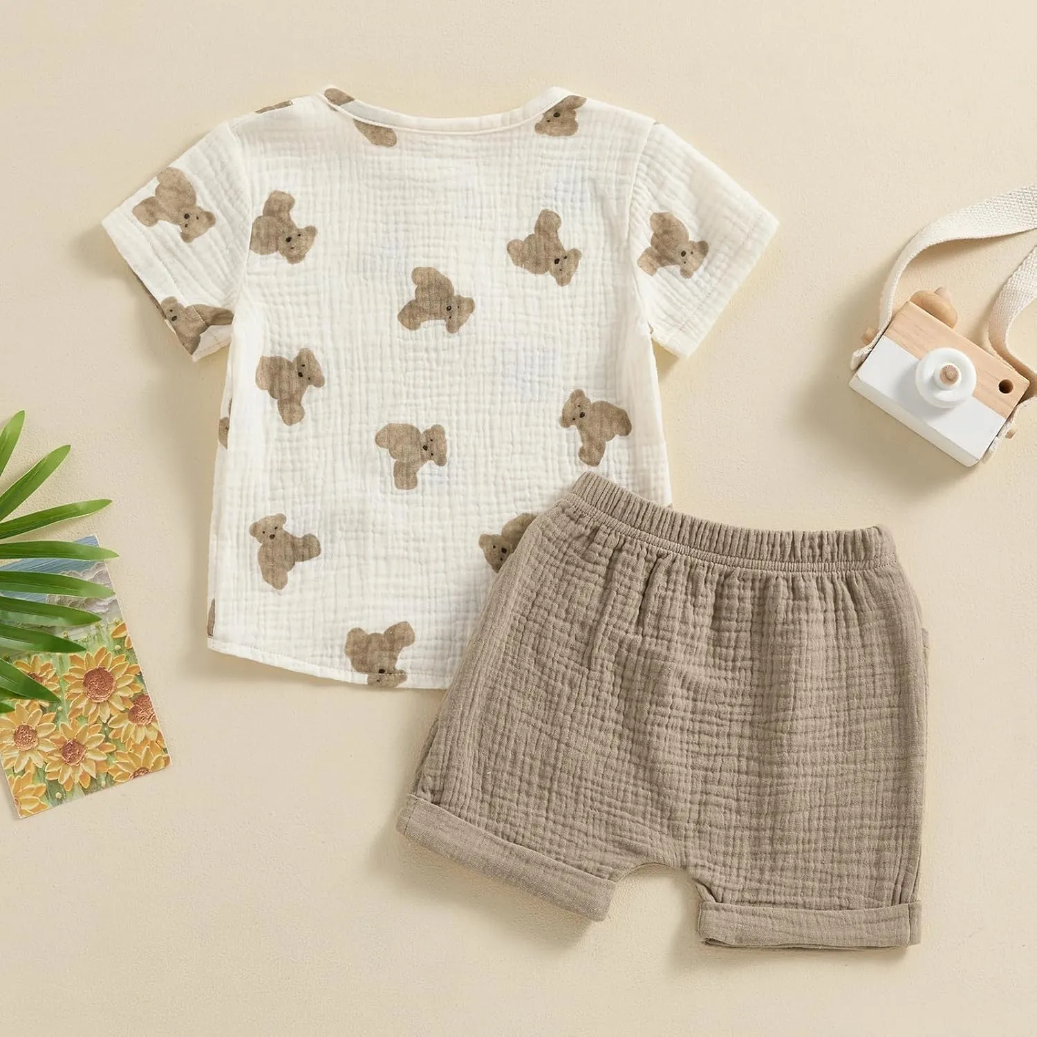 Qiylii Toddler Baby Boys Summer Outfits Bear Print Short Sleeve T-Shirt Top and Pocket Shorts Set 2PC Cotton Linen Clothes