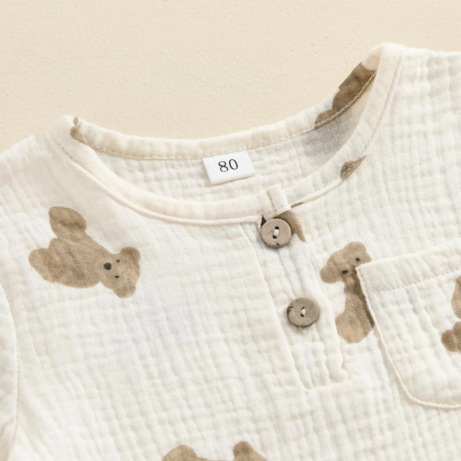 Qiylii Toddler Baby Boys Summer Outfits Bear Print Short Sleeve T-Shirt Top and Pocket Shorts Set 2PC Cotton Linen Clothes