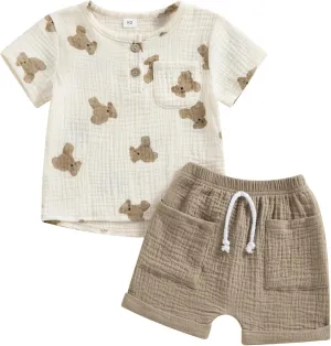 Qiylii Toddler Baby Boys Summer Outfits Bear Print Short Sleeve T-Shirt Top and Pocket Shorts Set 2PC Cotton Linen Clothes