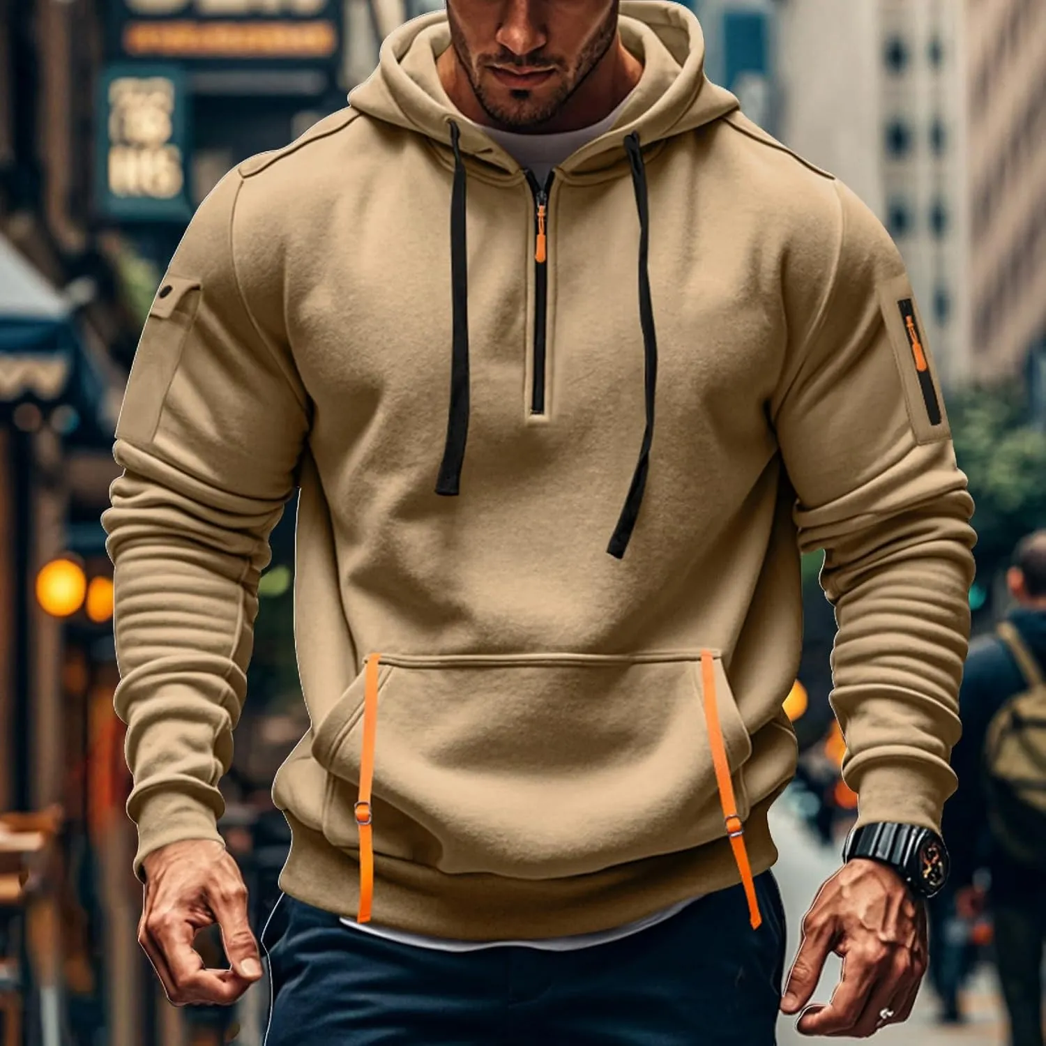 Quarter Zip Pullover Men Long Sleeve Workout Drawstring Hoodie Vintage Tactical Jacket Camo Sweater Winter Coats