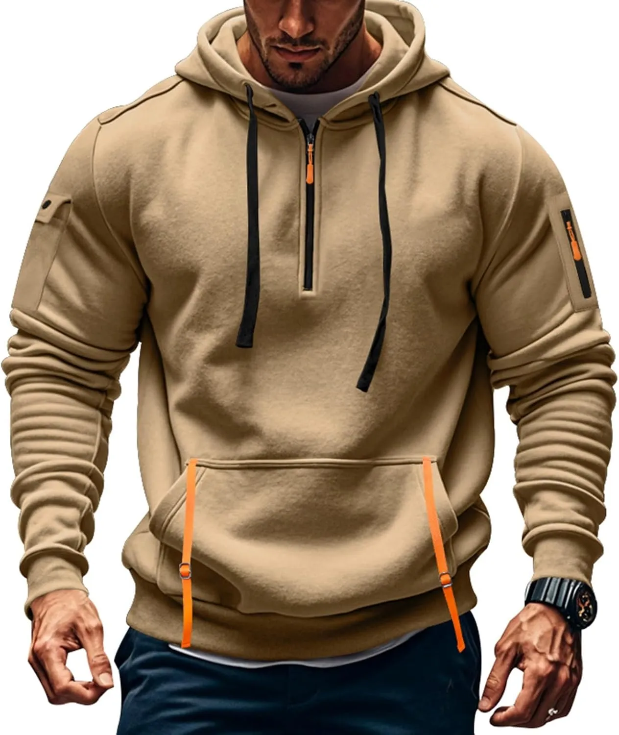 Quarter Zip Pullover Men Long Sleeve Workout Drawstring Hoodie Vintage Tactical Jacket Camo Sweater Winter Coats
